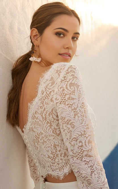 Two Piece Floor-length 3/4 Length Sleeve Lace Jewel Wedding Dress with Ruching