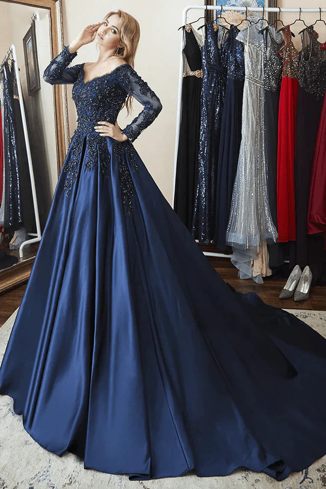 A-line Off Shoulder Long Sleeves Beaded Navy Blue Ball Gown Prom Dress