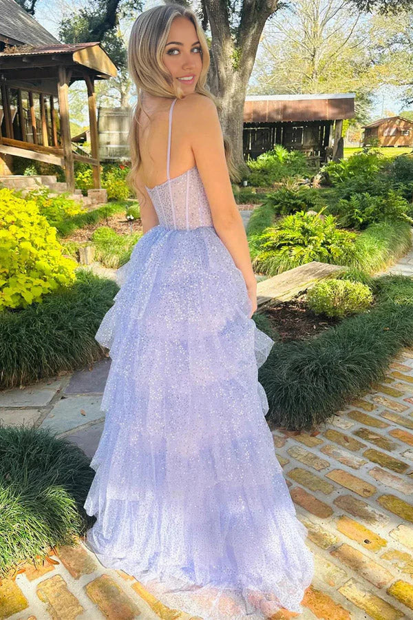 A-Linie Tüll Pailletten Rüschen Stufen Langes Ballkleid Formelles Kleid