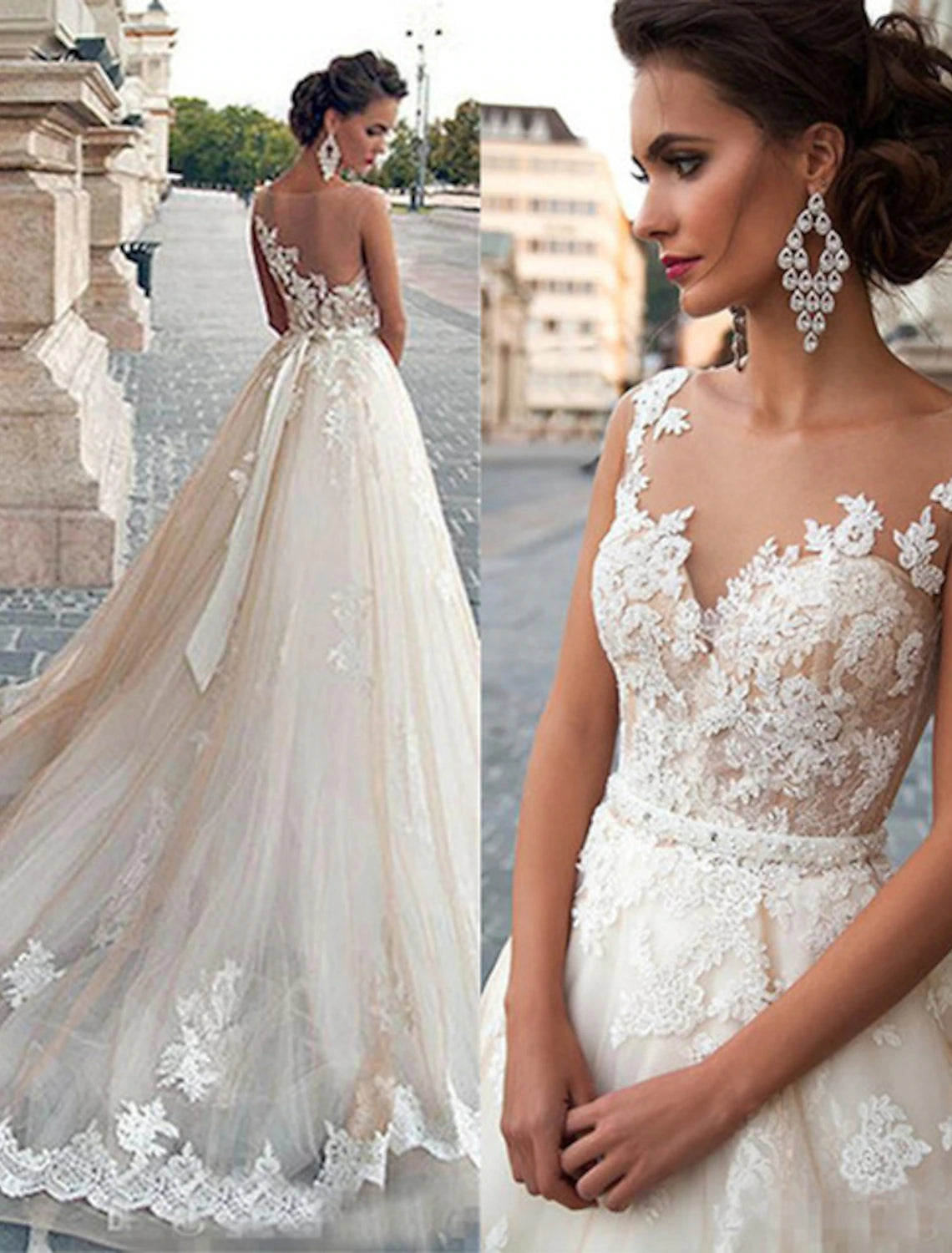 Verlobungs-Brautkleider mit offenem Rücken, Ballkleid, Illusionsausschnitt, ärmellos, Hofschleppe, Satin-Brautkleider mit Applikationen