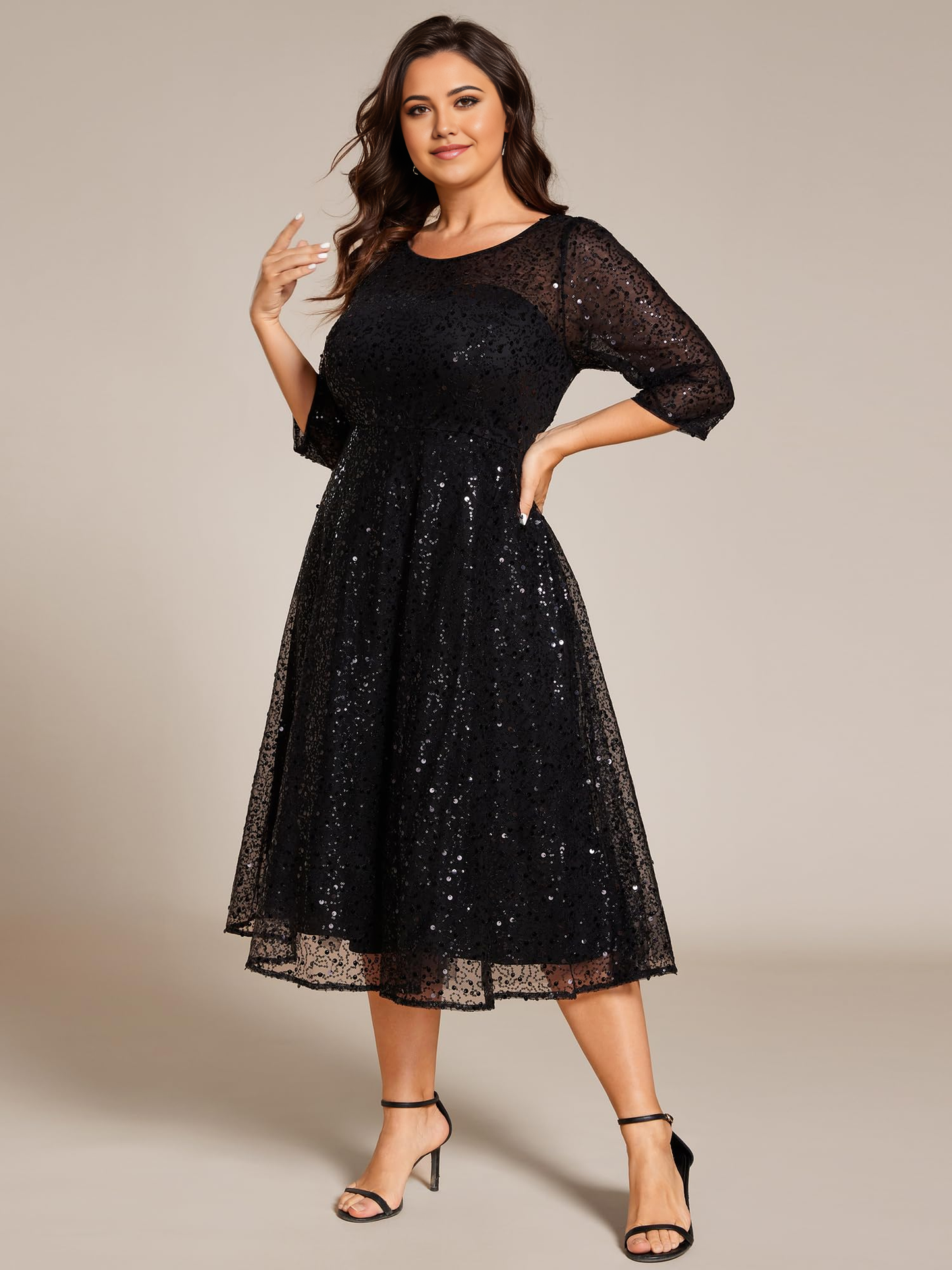 Vestido de noche formal con lentejuelas, talla grande, corte A, mangas 3/4, vestidos de fiesta 