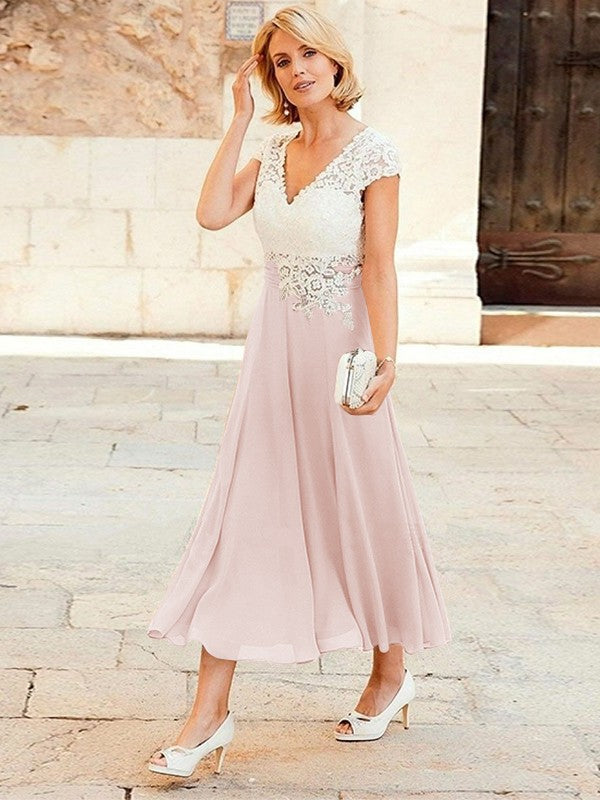 A-Line/Princess Chiffon Applique V-neck Short Sleeves Tea-Length Mother of the Bride Dresses
