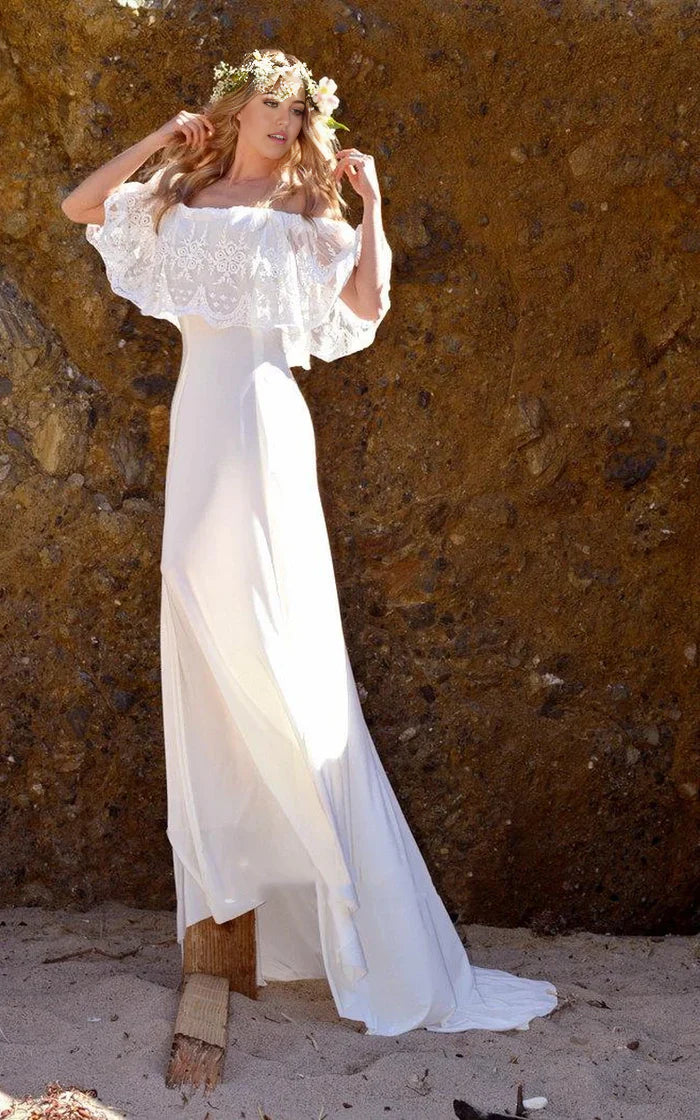 A-line Off-The-Shoulder Lace Jersey Dress With Embroideries Ruffles