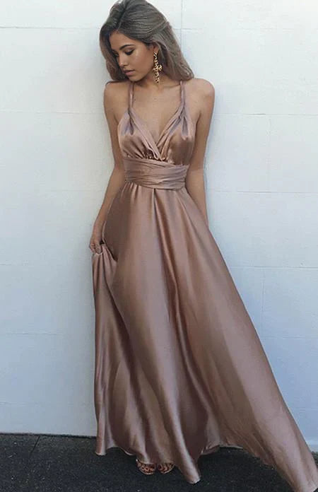 Simple V-Neck Criss-Cross Straps Prom Dresses With Pleats