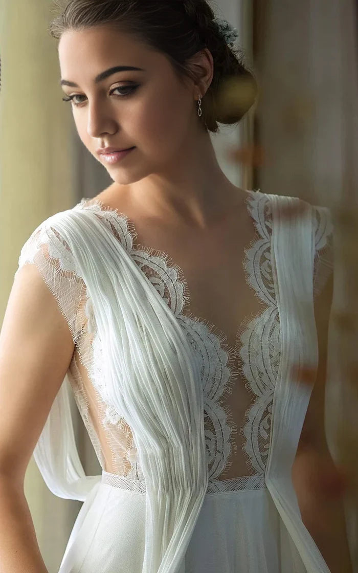 Vestido de novia de encaje de gasa con escote en A, espalda abierta y pliegues
