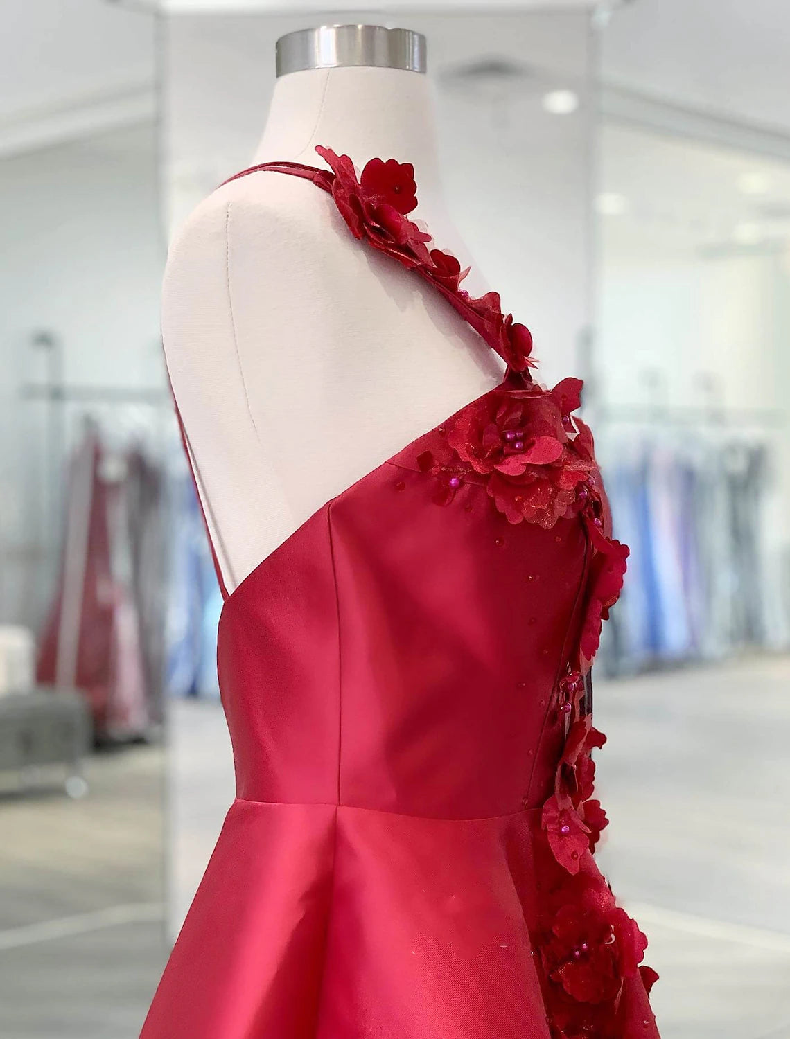 Vestido de fiesta de corte A, sin espalda, corto/mini, sin mangas, de satén con un solo hombro y apliques