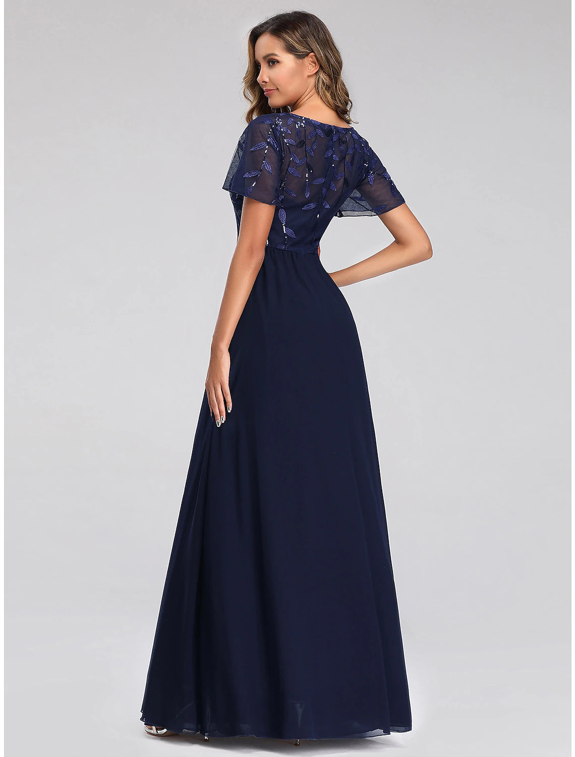 A-Linie Empire Partykleid Ballkleid V-Ausschnitt Kurzarm Bodenlang Tüll mit Paillettenapplikationen