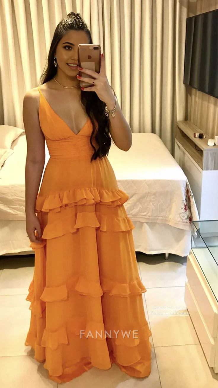A-Line Elegant Spaghetti Straps Layered Orange Long formal dresses Bridesmaid Dresses evening gown Prom Dress
