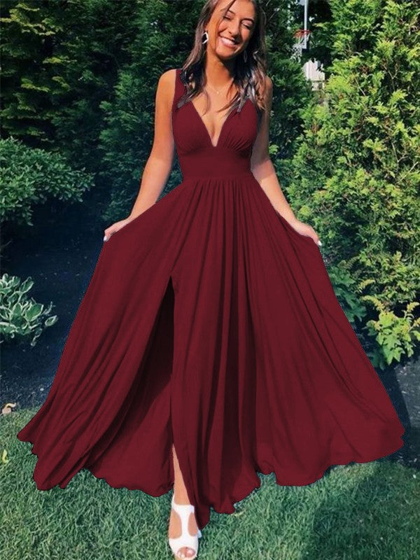 Vestidos de corte A/princesa sin mangas de jersey con escote en V y volantes hasta el suelo