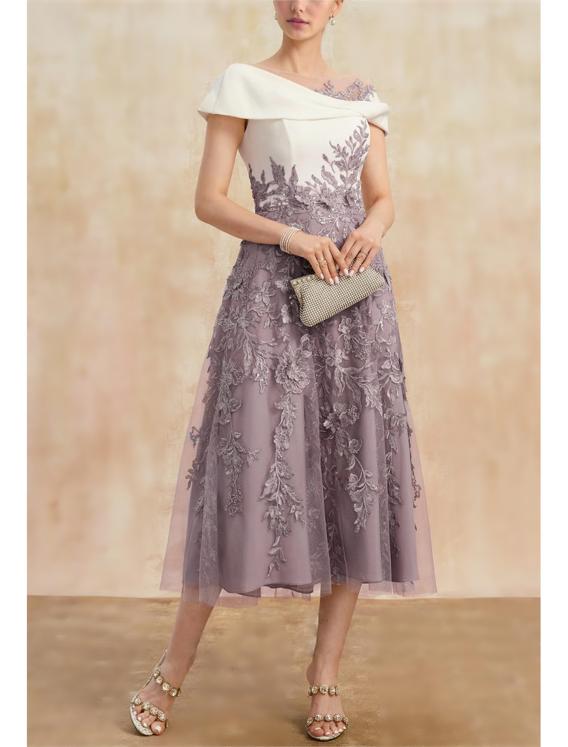 A-Line Mother of the Bride Dress Elegant Vintage Party Cowl Neck Bateau Neck Illusion Neck Ankle Length Tea Length Lace Stretch Fabric Short Sleeve Cap Sleeve with Bow(s) Ruched Appliques