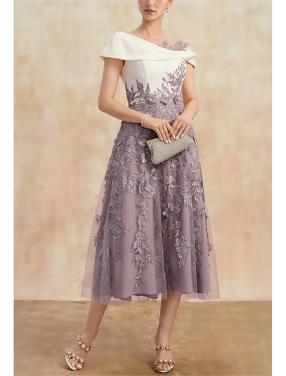 A-Line Mother of the Bride Dress Elegant Vintage Party Cowl Neck Bateau Neck Illusion Neck Ankle Length Tea Length Lace Stretch Fabric Short Sleeve Cap Sleeve with Bow(s) Ruched Appliques