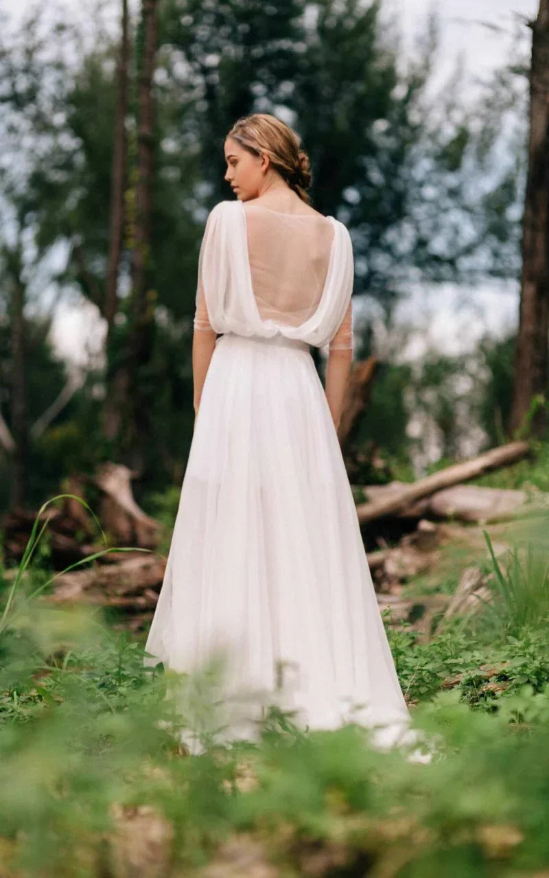 A-line Sweetheart Long Sleeve Chiffon Tulle Lace Satin Wedding Dresses With Illusion