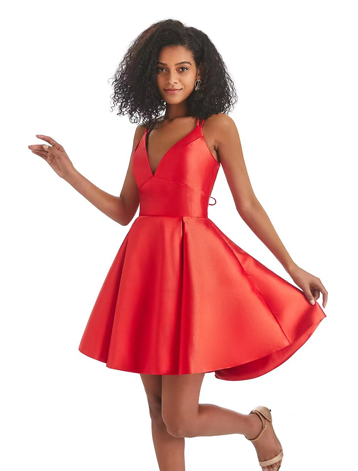 Vestido de fiesta de corte A, sin espalda, corto/mini, sin mangas, escote en V, satén con pliegues