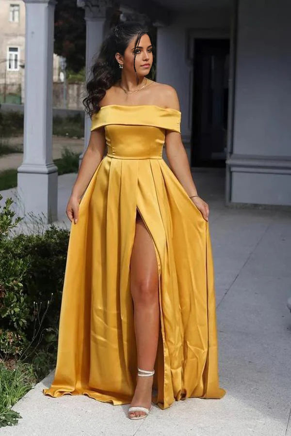 A-line Off-the-shoulder Neckline Satin Prom Dresses Evening Dresses