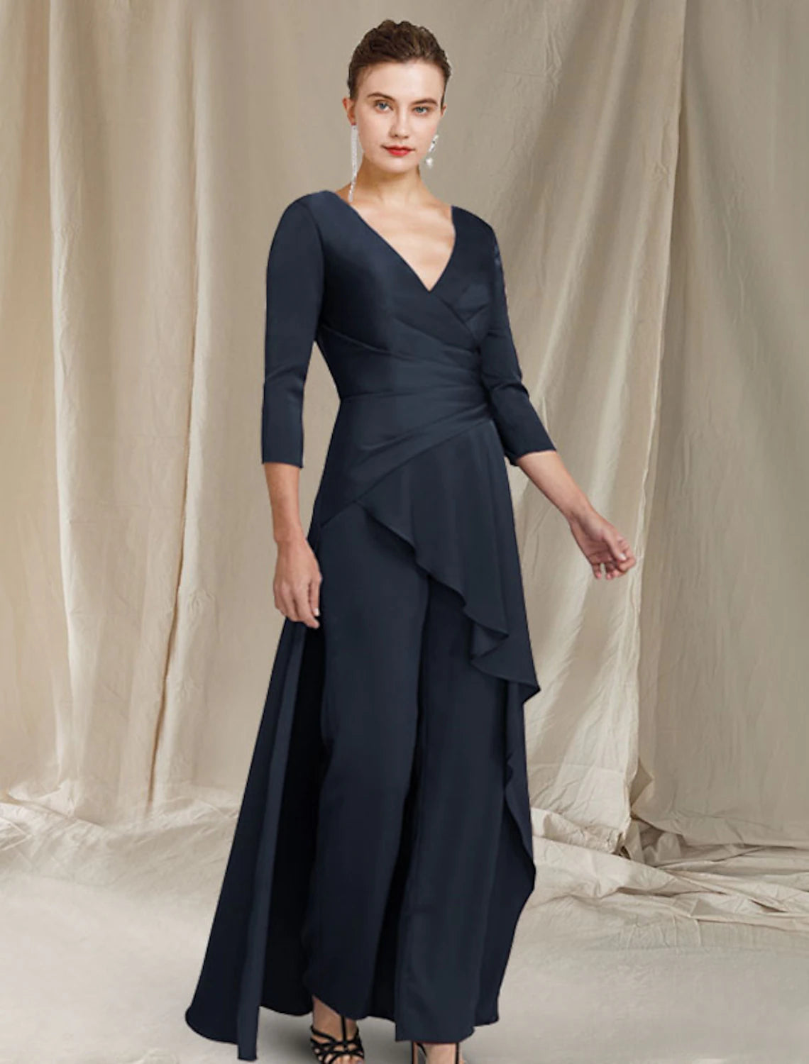 Jumpsuit / Pantsuit Mother of the Bride Dress Elegant V Neck Floor Length Chiffon 3/4 Length Sleeve with Ruched Ruffles