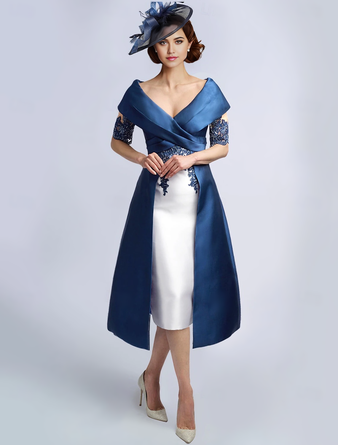 A-Line Dress Mother of the Bride Dress Elegant Vintage V Neck Tea Length Satin Half Sleeve with Lace Criss Cross free custom size