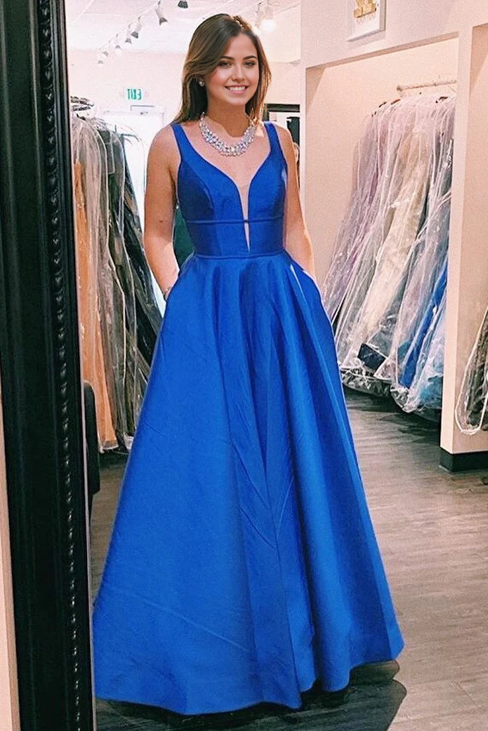 A Line Simple V-Neck Satin formal dresses evening gown Prom Dresses with Pockets