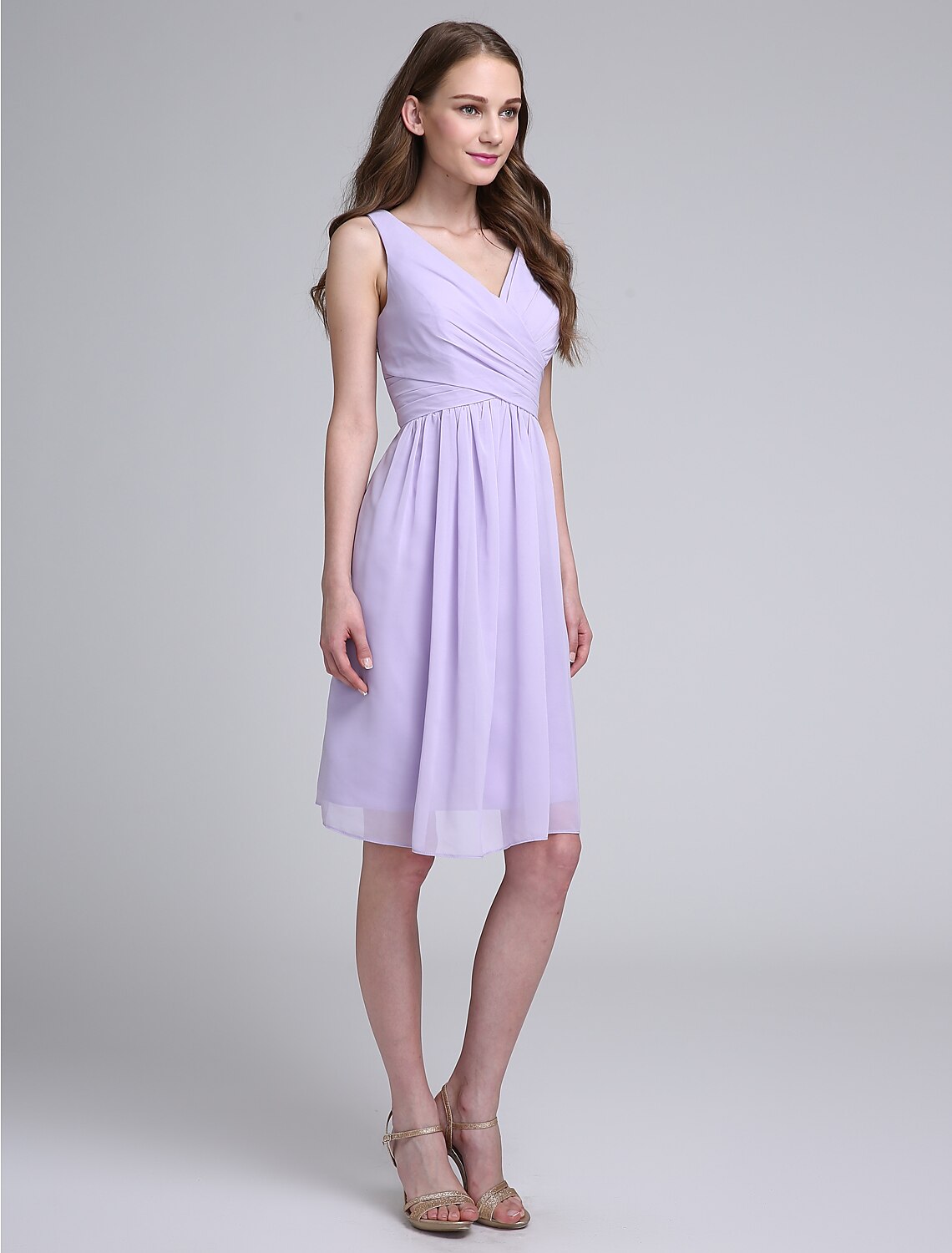 A-Line Bridesmaid Dress V Neck Sleeveless Open Back Knee Length Chiffon with Criss Cross