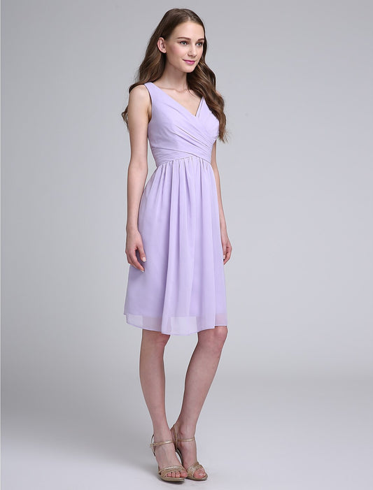 A-Line Bridesmaid Dress V Neck Sleeveless Open Back Knee Length Chiffon with Criss Cross