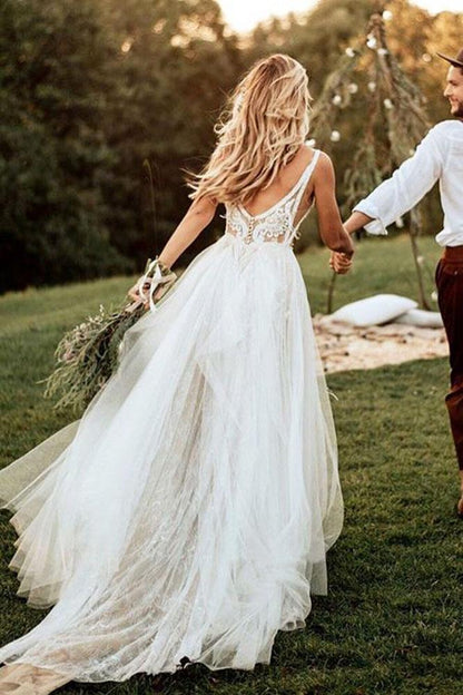 Beach A Line V Neck Tulle Beads Lace Bridal Dresses Wedding Dresses with Appliques