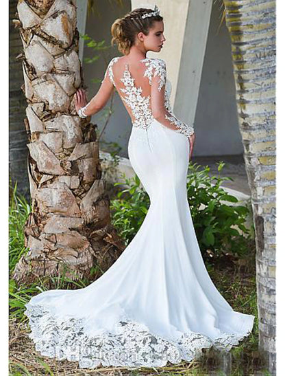 Vestidos de novia formales de compromiso con espalda abierta, escote sirena/trompeta, ilusión, manga larga, cola de corte, encaje y apliques 