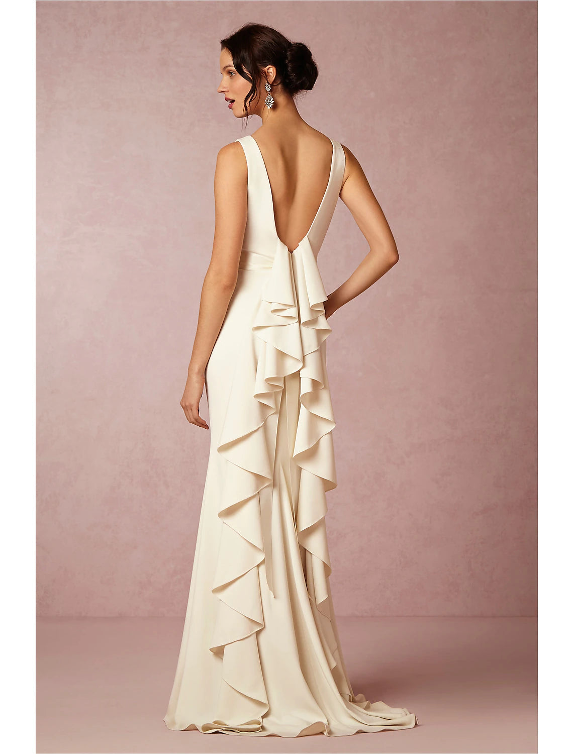 Hall Open Back Casual Wedding Dresses Sheath / Column Scoop Neck Sleeveless Sweep / Brush Train Stretch Fabric Bridal Gowns With Draping