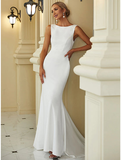 Reception Casual Wedding Dresses Mermaid / Trumpet Scoop Neck Sleeveless Sweep / Brush Train Stretch Fabric Bridal Gowns With Beading Solid Color
