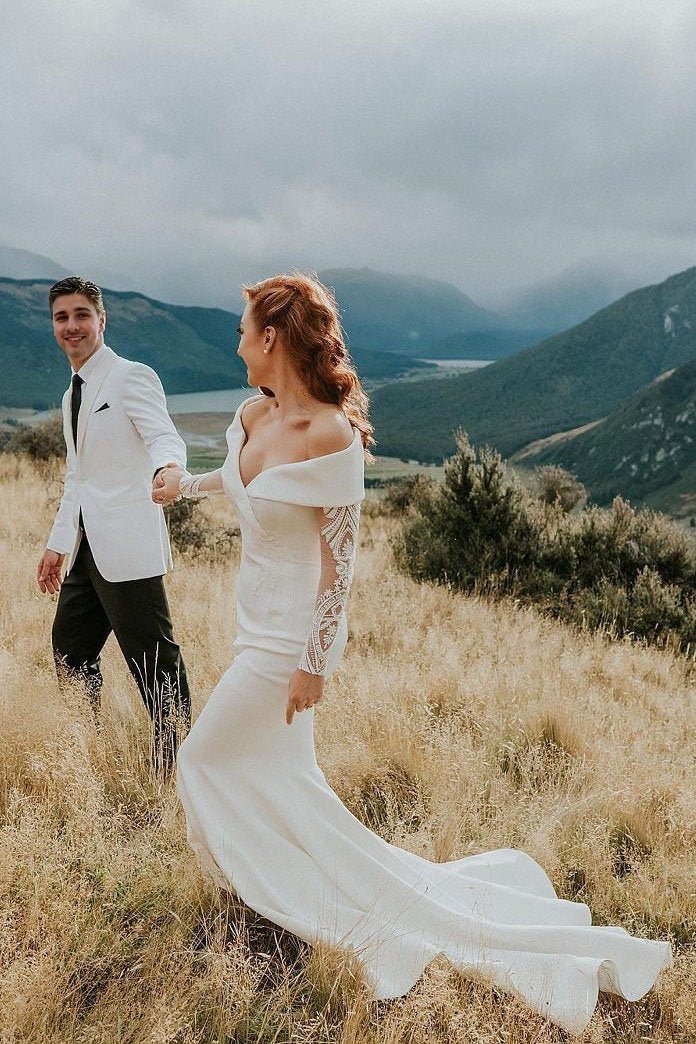 Mermaid V Neck Charming Off the Shoulder Long Sleeves Ball Gown Bridal Dresses Wedding Dresses