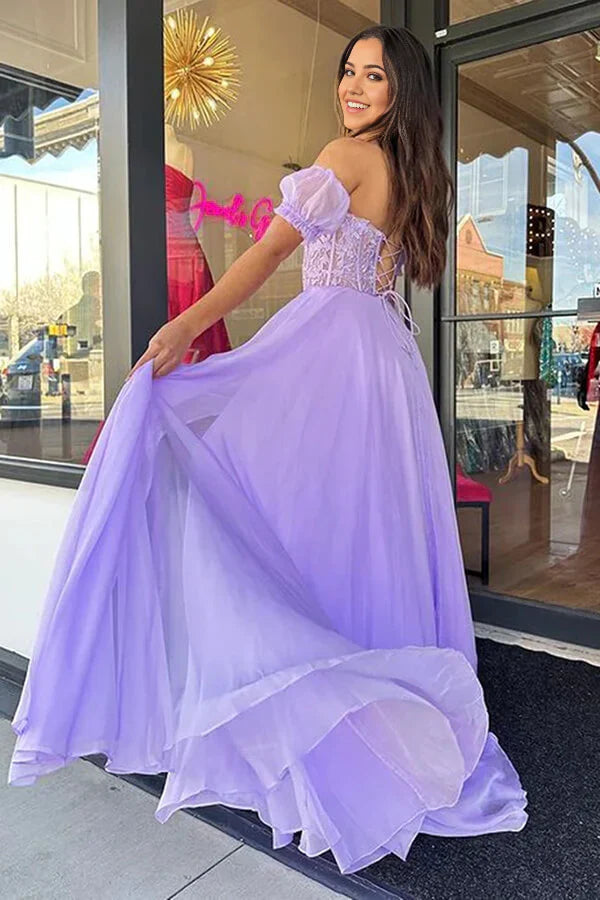 Sweetheart Neck Chiffon Lace Long Prom Dresses Party Dresses