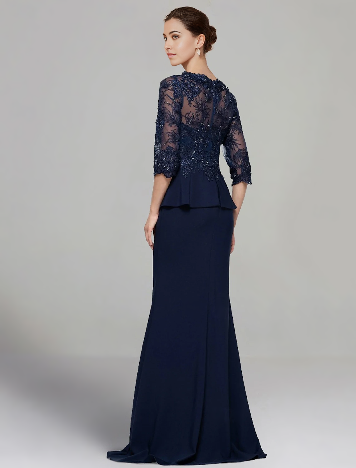 Sheath / Column Dress Mother of the Bride Dress Elegant V Neck Floor Length Stretch Chiffon 3/4 Length Sleeve with Lace Pleats Solid Color