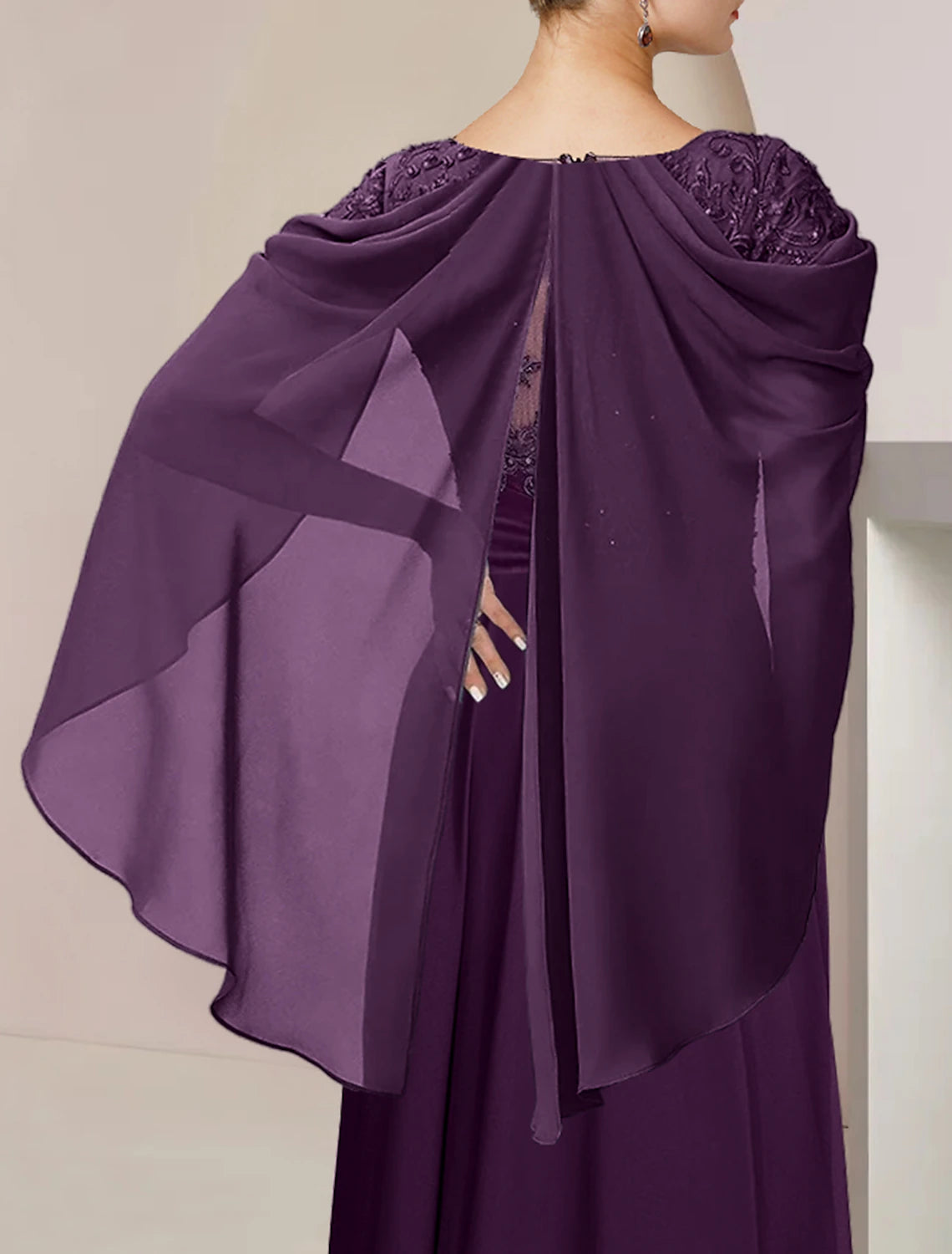 Vestido de madre de la novia de corte A, formal, para invitada de boda, elegante, escote redondo, largo hasta el suelo, de gasa, con encaje, sin mangas, con apliques de lentejuelas y cuentas.