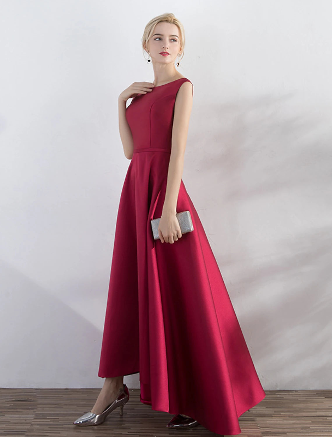 Vestido de noche de corte A, elegante vestido minimalista, para fiesta, para invitados de boda, asimétrico, sin mangas, con cuello joya de satén y elegante