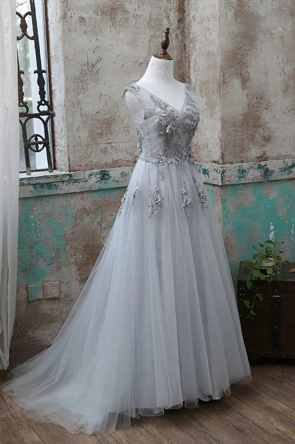V neck lace applique tulle long prom dress