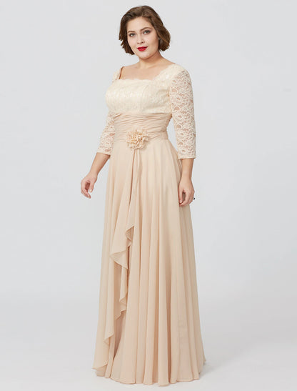 Etuikleid/Säulenkleid für die Mutter der Braut, formell, klassisch und zeitlos, elegant und luxuriös, Übergröße, quadratischer Ausschnitt, bodenlang, Chiffon, metallische Spitze, 3/4-Ärmel, nein, mit Schärpe/Blumenband