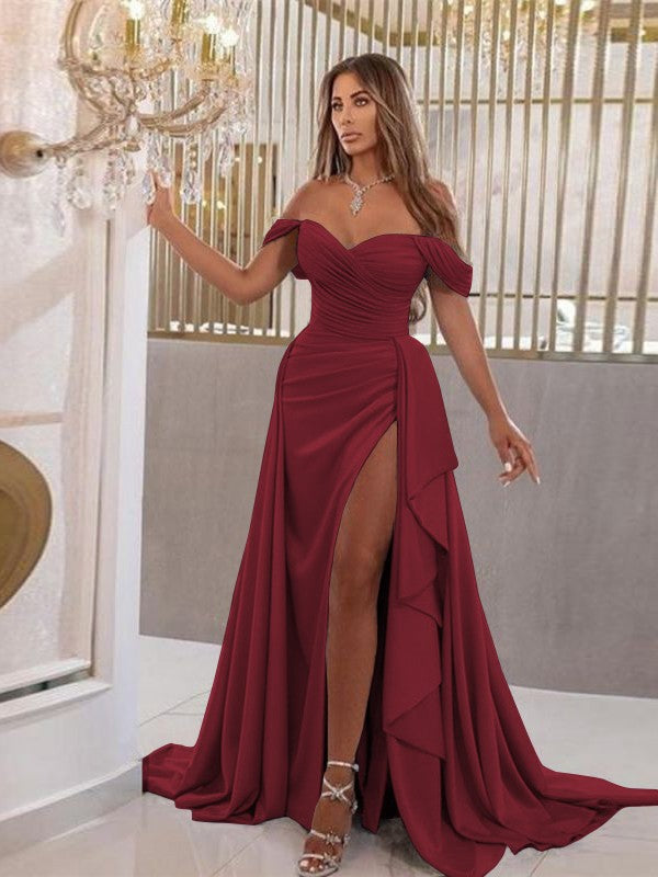 Sheath/Column Jersey Ruched Off-the-Shoulder Sleeveless Sweep/Brush Train Dresses