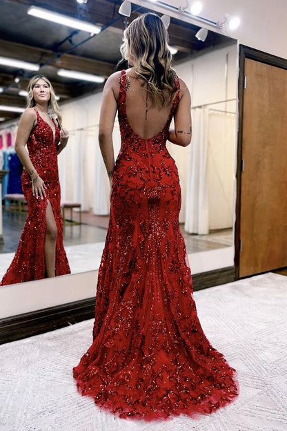Vestido de fiesta de sirena con escote en V, lentejuelas y encaje con abertura