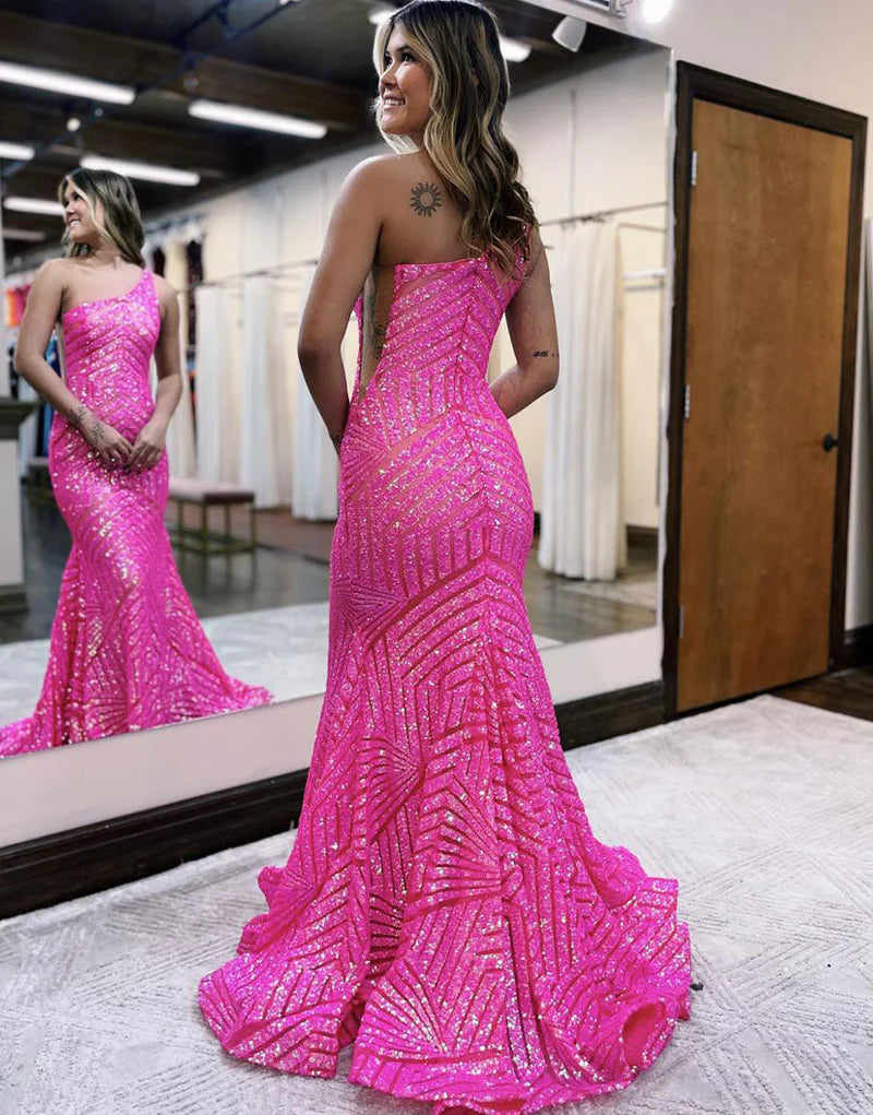 Vestido de fiesta de sirena con lentejuelas y un solo hombro