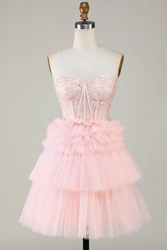 A-Line Sweetheart Corset Short Homecoming Dress with Ruffles