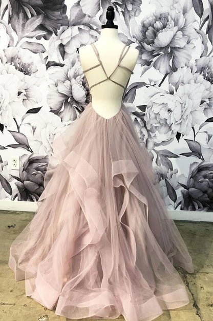 V neck tulle long prom dress