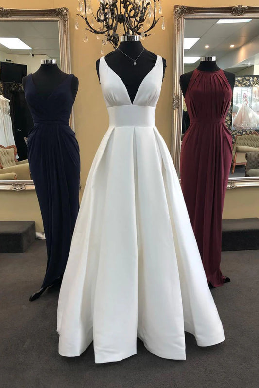 V neck satin long prom dress