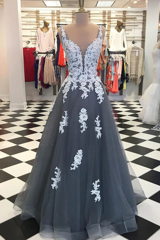 V neck tulle lace applique long prom dress