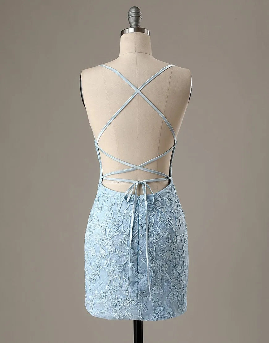 Vestido ajustado azul de regreso a casa, vestido de fiesta sin espalda 