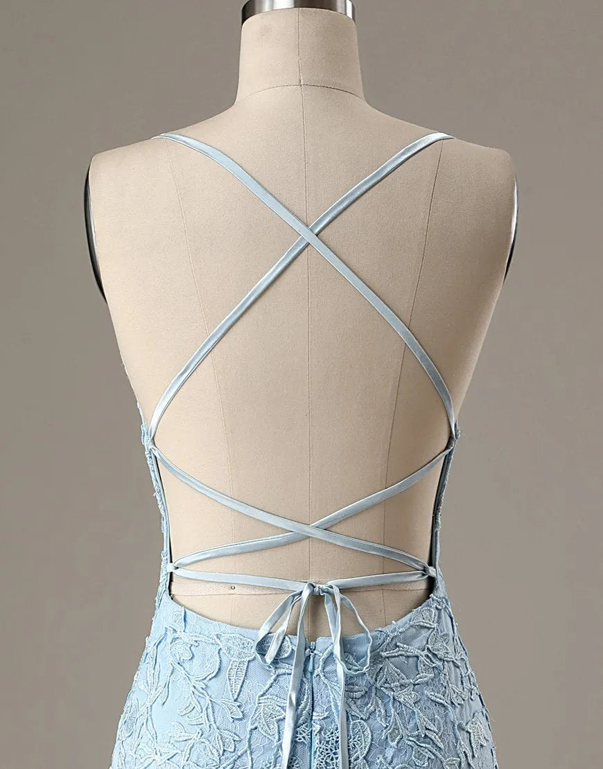 Vestido ajustado azul de regreso a casa, vestido de fiesta sin espalda 