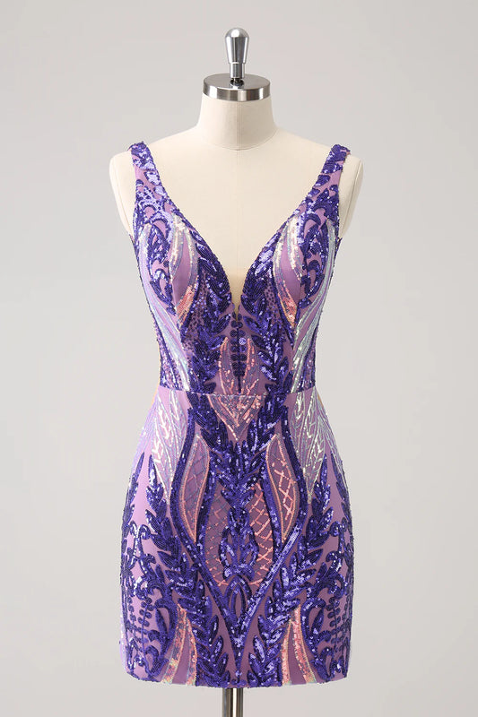 Sparkly Sequined Tight V Neck Homecoming Dress