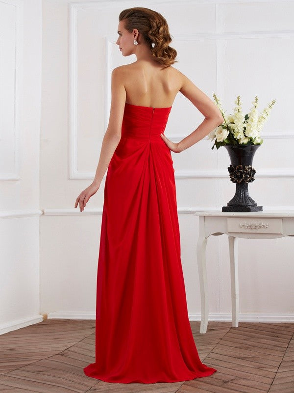 Sheath/Column Strapless Sleeveless Pleats Long Chiffon Dresses
