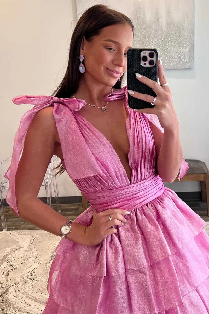 A-line Glitter Tie Straps Plunging Neck Tiered Long Prom Dress