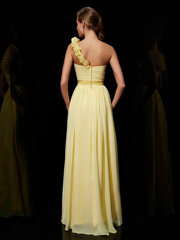 A-Line Chiffon One-Shoulder Sleeveless Floor-Length With Hand-Made Flower Bridesmaid Dresses