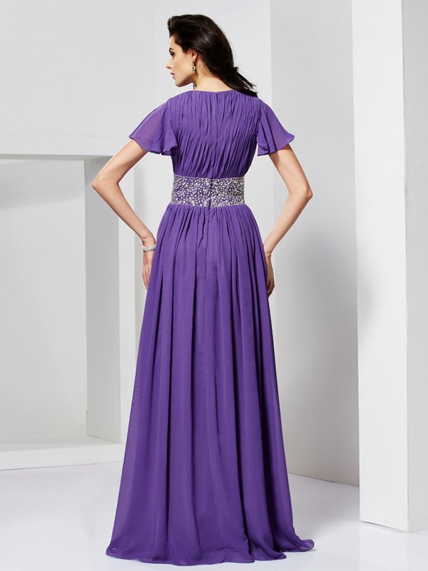 A-Line/Princess V-neck Short Sleeves Beading Long Chiffon Dresses