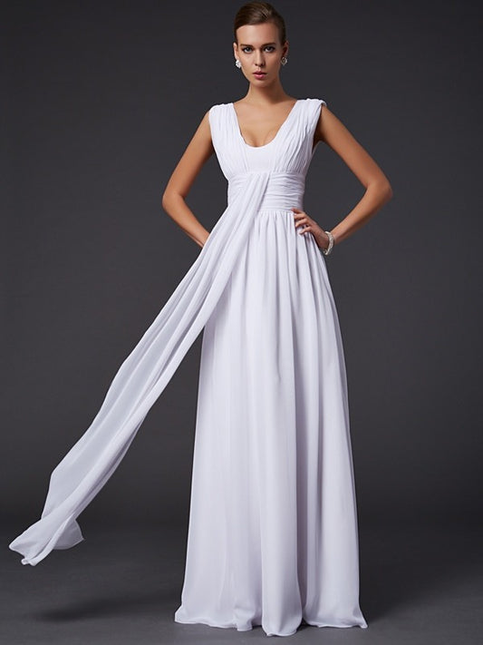 A-Linie/Princess-Linie Juwel-Ausschnitt Ärmellos Falten Lange Chiffon Kleider