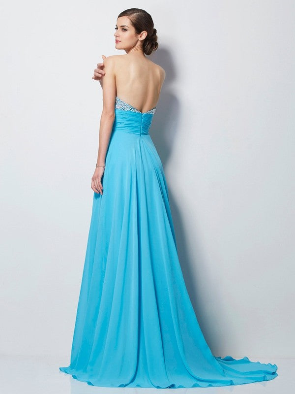 A-Line/Princess Sweetheart Sleeveless Beading Long Chiffon Dresses